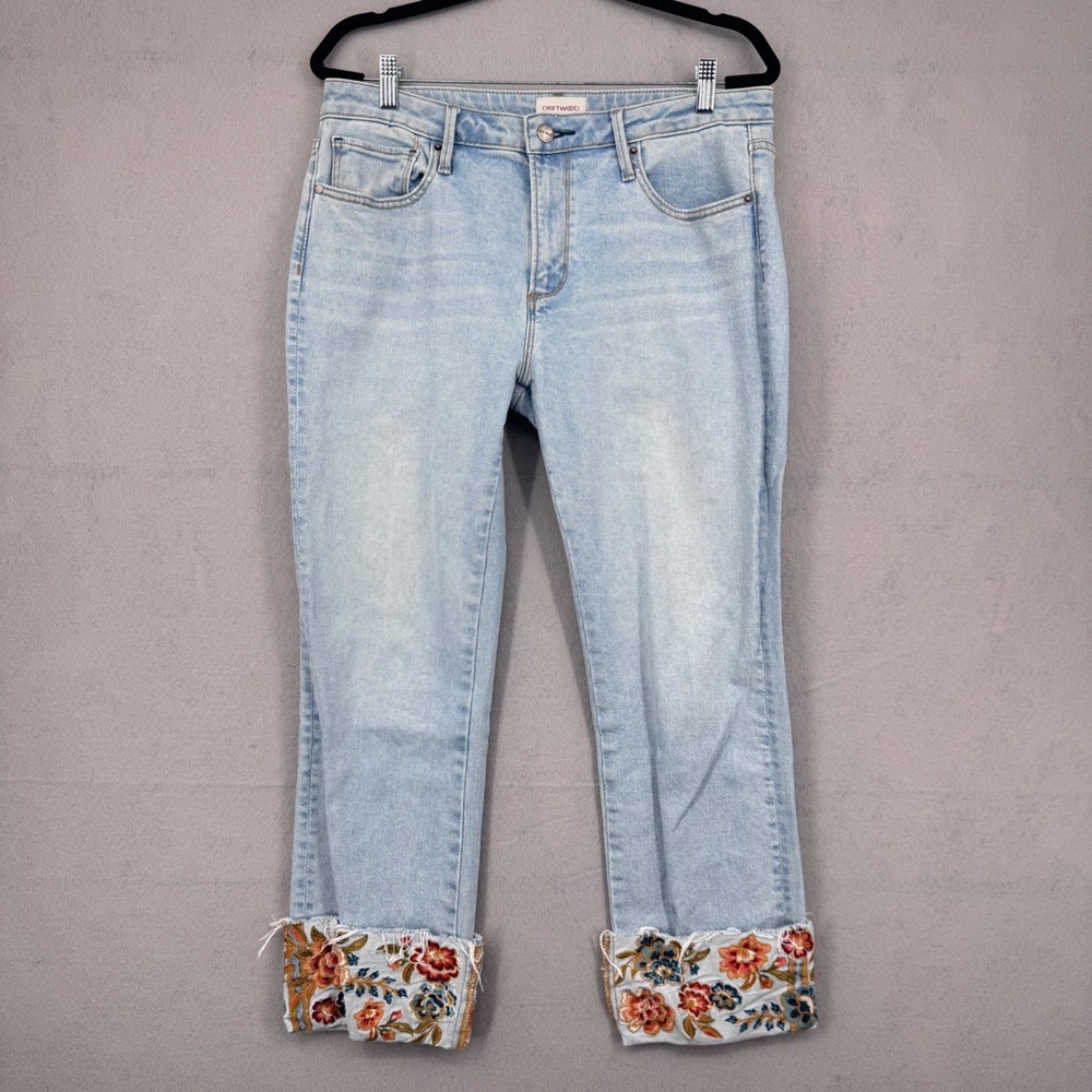 Driftwood Colette Jeans Womens 12 Light Wash Floral Embroidered Boho Raw Hem